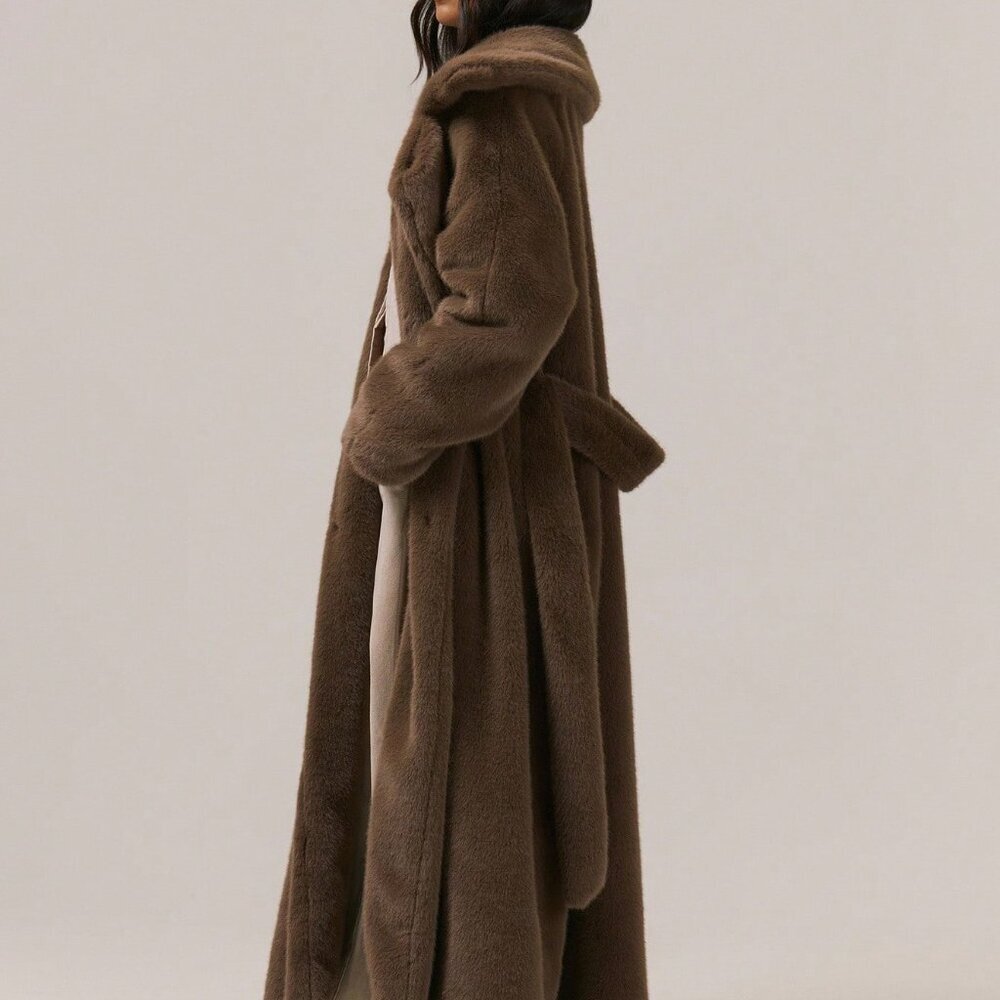 Coffee Brown Women's Elegant Oversized Loose Fit Belted Fuzzy Fur Maxi Coat - Picture 2 of 6